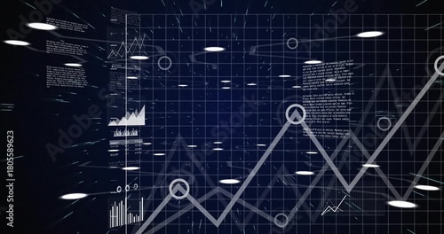 Camera moving forward data panels drifting in lines rising bars growing lights scanning to focus