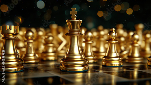 Golden chess king piece glowing on chessboard with other gold chess pieces blurred in background, symbolizing strategy and power
