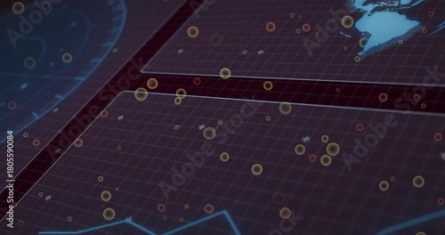 Central grid panels displaying drifting ringed orbs after camera pan, showing data flow