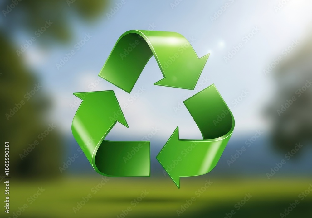 Obraz premium Three dimensional glossy green symbol of continuous material reuse floats against a bright natural outdoor background