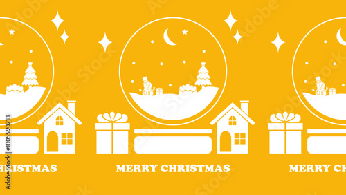 Christmas pattern featuring snow globes, houses, stars, and gift boxes on a warm yellow background with “Merry Christmas” text, ideal for holiday cards, festive banners, seasonal decorations