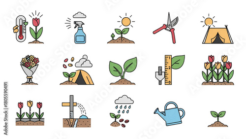 Vector illustration of set of gardening and plant care icons, depicting various stages of growth, tools, and environmental factors on transparent background