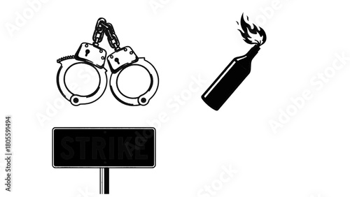 Vector illustration of handcuffs, molotov cocktail, and strike sign, symbolizing protest and civil unrest, isolated on white on transparent background