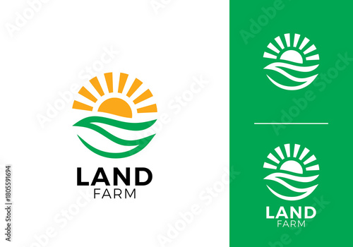 simple sun farmland logo. modern agriculture, green field, farm food vector design concept