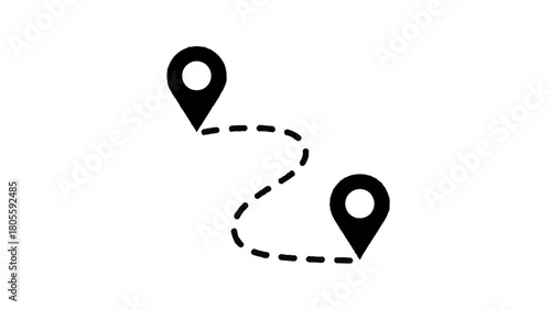 Vector illustration of route path with two location pins connected by a dashed line, isolated on transparent background 