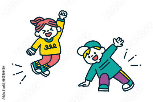 子供 ダンス ジャンプ ポーズ 手描き イラスト セット