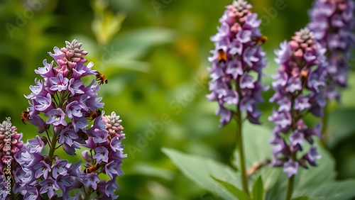 comfrey. A cluster of purple comfrey flowers in a garden attracting bees, with a blurred green background. gardening catalogs, home-decor guides, designed for gardening and botanical catalogs.