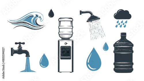 Vector illustration of water icons set wave, drop, cooler, shower, rain, faucet, bottle isolated on transparent background 