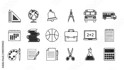 Vector illustration of collection of various school and education related icons isolated on transparent background 