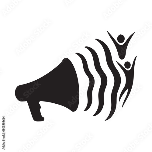 Megaphone broadcasting message of freedom and celebration with silhouettes of people reaching towards the sky symbolising empowerment and positive announcement