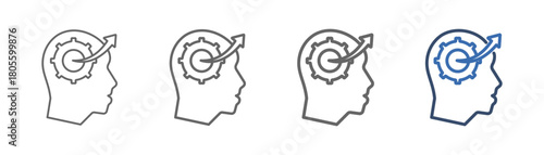 
outline icon sheet self development with human head design, gears and arrow to the right side