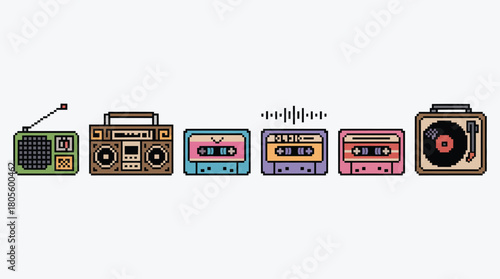 Retro pixel art music players vintage audio devices illustration set