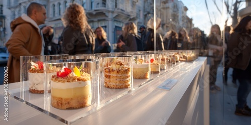 Fototapeta Naklejka Na Ścianę i Meble -  Outdoor display of small desserts in clear containers, with blurred people in the background