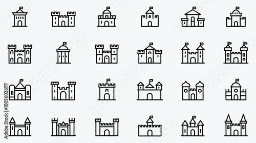 Set of castle icons in a simple line style art