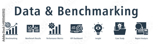 Data and benchmarking web banner icon vector illustration concept with icon of benchmarking, benchmark results, performance metrics, KPI dashboard, insight, case study, and report analysis.
