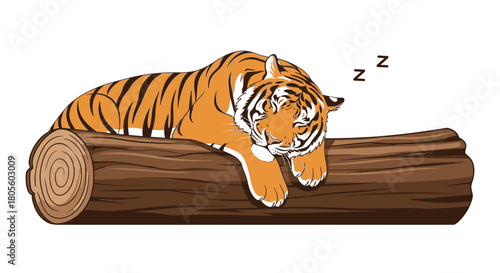 A cartoon tiger peacefully sleeping on a large, textured wooden log.