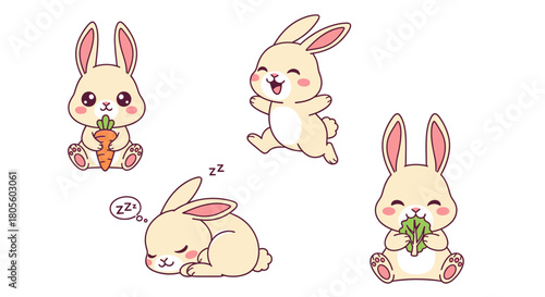 Four cute cartoon bunnies in various poses: holding carrot, running, sleeping, and eating lettuce.