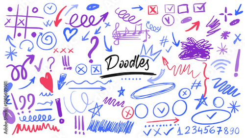 Scribble Hand Drawn Elements Set. Doodle Marker Arrows, Check Marks and Line Art Vector