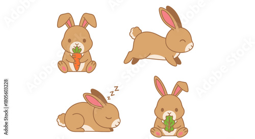 Four cartoon rabbits in different poses: eating carrot, hopping, sleeping, and holding leaf.