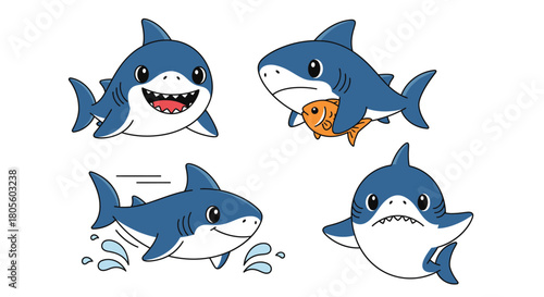 Four cartoon sharks in different poses: smiling, swimming, holding a fish, and looking ahead.