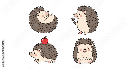 Four adorable cartoon hedgehogs in different poses, smiling and interacting.