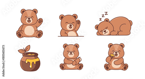 Six cartoon bear illustrations: waving, sleeping, with honey pot, holding a heart, and eating honey.