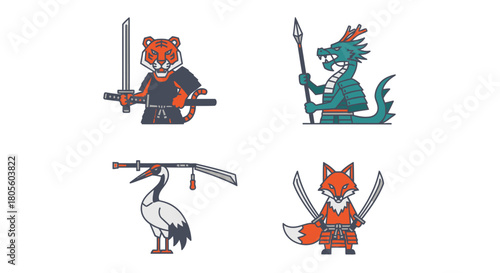 Four stylized cartoon animal characters, a tiger, dragon, crane, and fox, each wielding weapons.