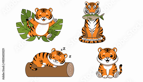 Four cartoon tiger illustrations: one with leaves, one with fish, one sleeping on a log, and one winking.