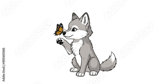 A cartoon wolf cub interacting playfully with a delicate butterfly.