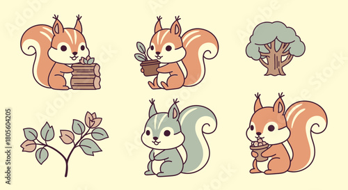 Six cartoon illustrations of squirrels holding logs, a plant, an acorn, and a tree, along with a branch.