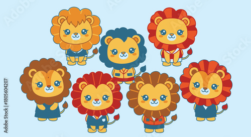 Cartoon illustration of seven cute lions with different colored manes and outfits on a light blue background.