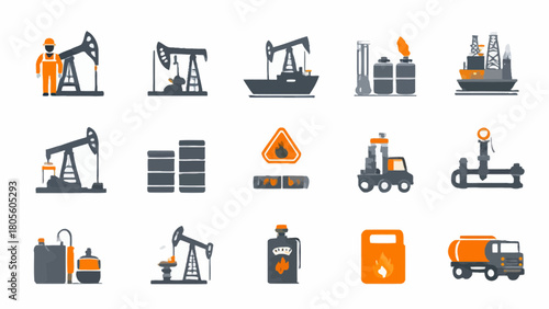 A collection of stylized vector icons depicting various aspects of the oil and gas industry, including oil rigs, tankers, storage tanks, and safety symbols.