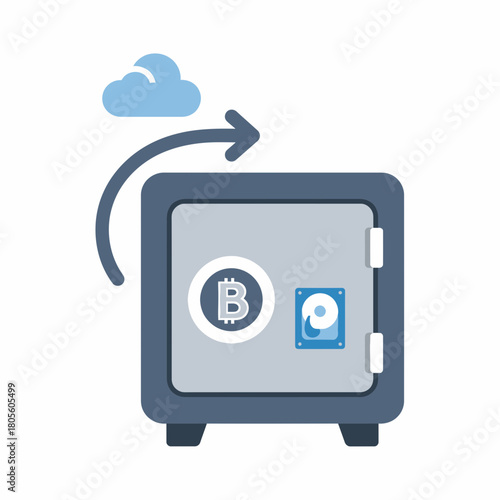 Safe with bitcoin and cloud symbol represents digital asset security.