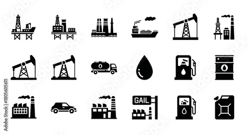 A collection of black and white vector icons representing the oil and gas industry, including rigs, tankers, factories, and fuel.