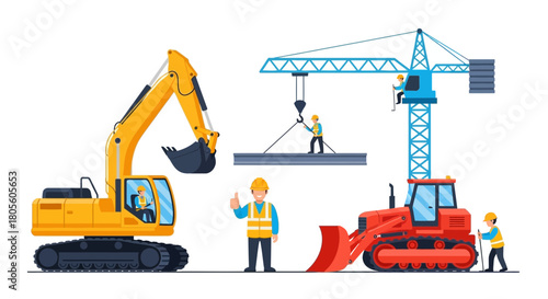 Construction site illustration featuring an excavator, bulldozer, crane, and workers in hard hats and vests, indicating progress and teamwork.