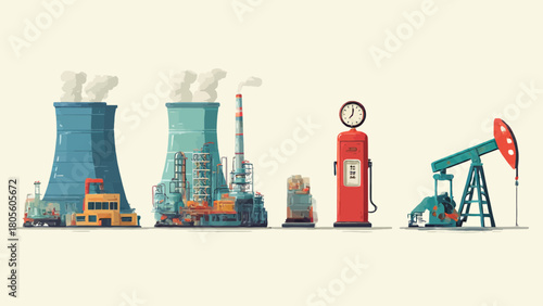 Illustration depicting various energy production and consumption methods: nuclear power plant, refinery, coal, gas pump, and oil pump jack.