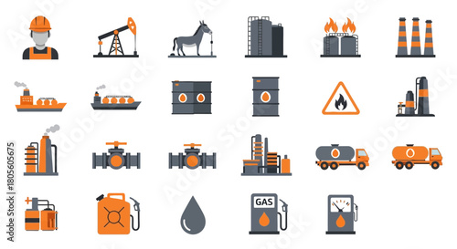 Vector illustration depicting various elements of the oil and gas industry, including workers, machinery, storage, and transportation.