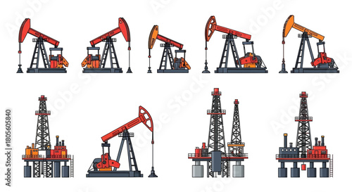 Collection of oil derricks and pumpjacks in a cartoon style, showing various angles and perspectives against a white background.