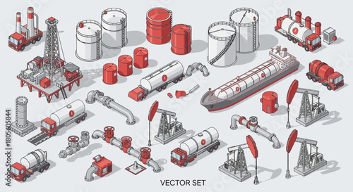 Isometric illustration showcasing a collection of oil industry elements, including storage tanks, a drilling rig, a tanker ship, pipelines, and pump jacks.