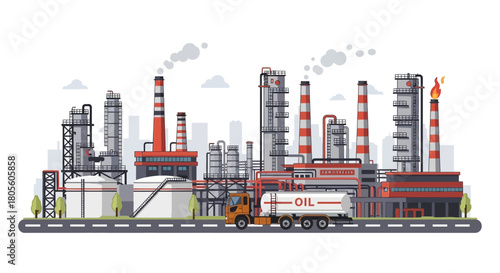Industrial complex with tall chimneys emitting smoke, tanks, and a truck transporting oil, set against a cityscape.