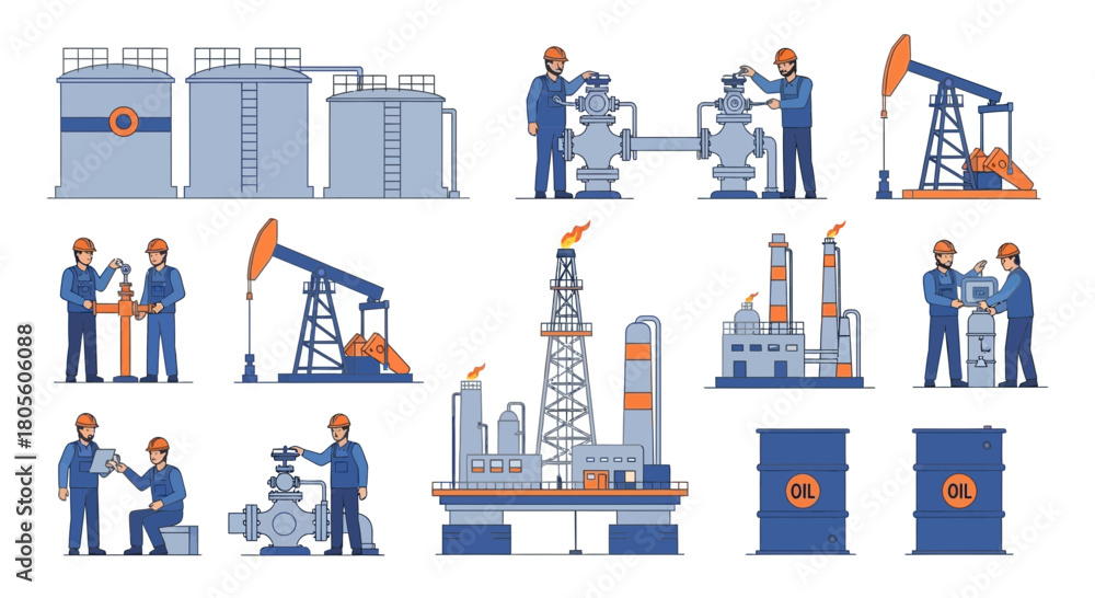 Fototapeta premium A set of vector illustrations depicting oil industry elements, including storage tanks, pump jacks, oil rigs, refineries, barrels, and workers in hard hats.
