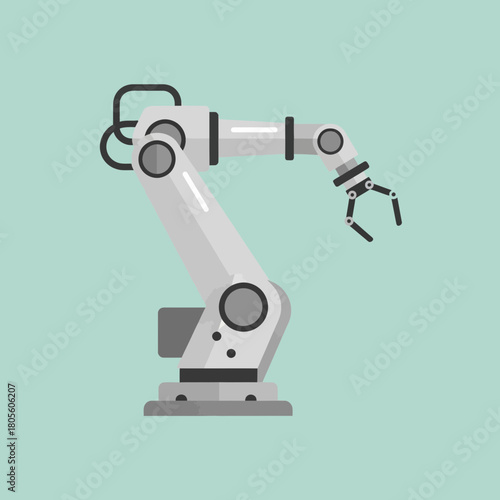 Robotic arm with gripper against a light blue background.