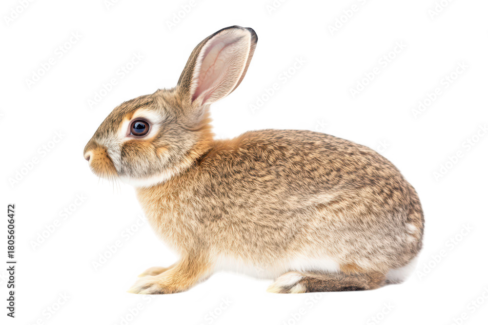 Fototapeta premium A side profile of a fluffy brown rabbit sitting on a clean white background. its delicate features and alert expression. ideal for nature-themed projects or animal-related content