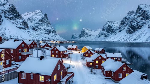 Serene Nordic winter village landscape with snow-covered houses  