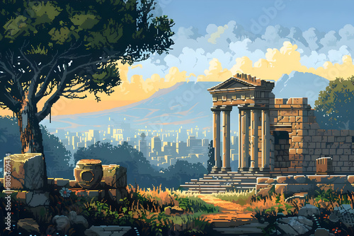 Ancient Temple Ruins at Sunset Over City Skyline Pixel Art