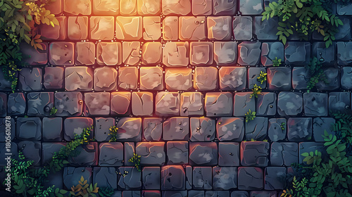Cobblestone Path with Plants at Night, Pixel Art Background