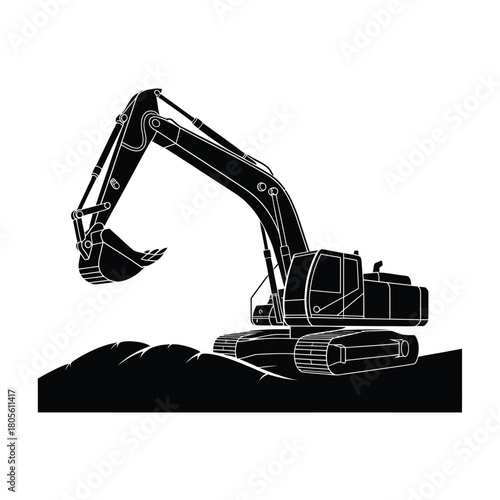 Silhouette of an excavator digging in the dirt