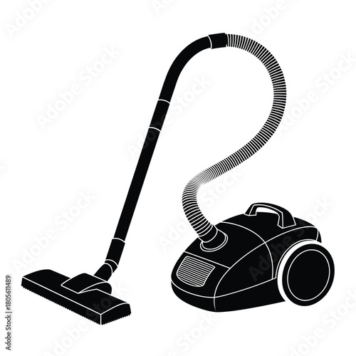 Black and white illustration of a modern canister vacuum cleaner