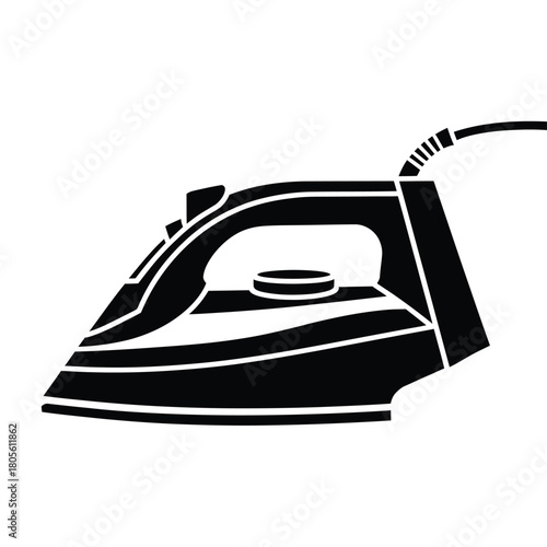 Black silhouette of a modern steam iron on a white background