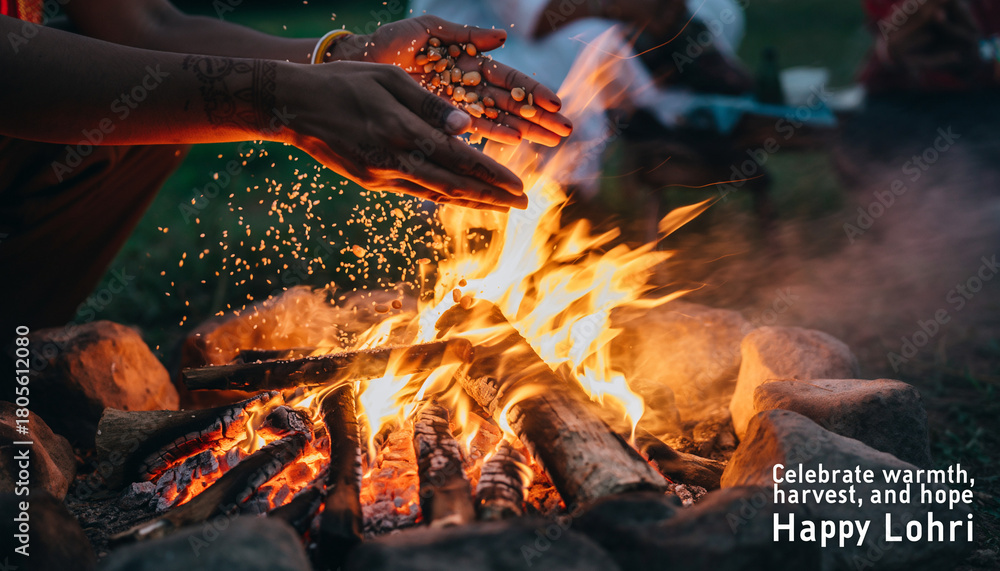 Naklejka premium Friends and family gathering in celebration around a warm bonfire, offering grains during a traditional winter harvest festival